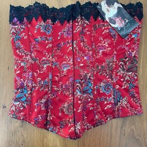 NWT: Tesa Red Brocade Corset w/ Black Lace Trim